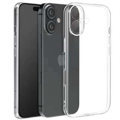 A clear, studio shot of a transparent phone case next to a smartphone.