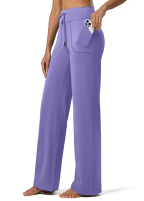 Produktbild von Damen Weite Hose Yogahose Sporthose Activewear Hosen mit Taschen Bauchkontrolle Stretch Casual Lounge Comfy Sweatpants Hohe Taille Lila 44 (XL)