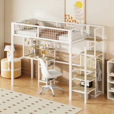 Produktbild von Hochbett Kinderbett 90x200 mit Sicherheitsleiter, Kinderbett mit Eisenrahmen Kleiderschrank und Computertisch