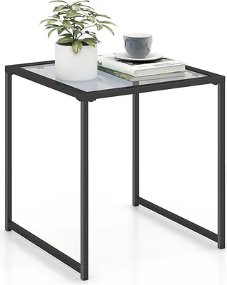 Obrázok produktu pre štvorcový nočný stolík 43 x 43 cm, minimalistický nočný stolík s doskou z tvrdeného skla a robustným kovovým rámom, rozkladací stolík, čierny