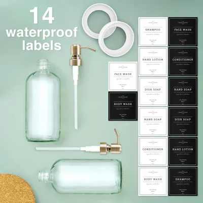 Immagine prodotto di Dispenser in vetro per sapone 16 oz, set da 2, con pompa in acciaio inossidabile, etichette impermeabili, ideali per la cucina