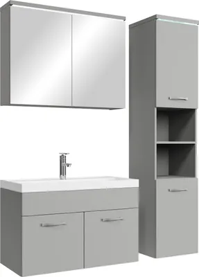 Produktbild von Badplaats Badmöbel Komplettset Paso LED 80 x 40 cm Grau Matt - Badezimmermöbel mit Waschbecken, Spiegelschrank und Badezimmerschrank