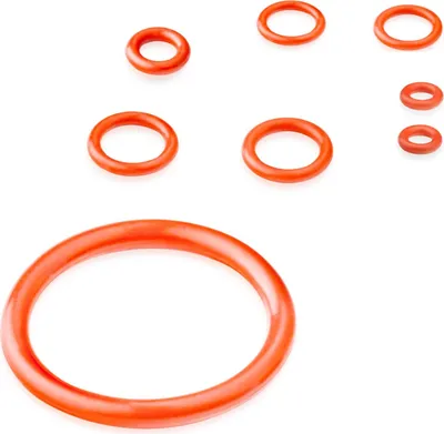 A collection of orange O-rings of various sizes on a white background.