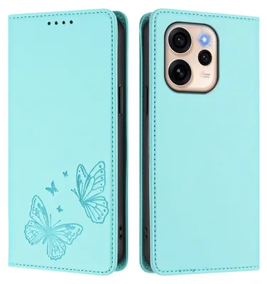Image de Étui en cuir pour Oppo Reno15 F, étui de protection type portefeuille en cuir gaufré motif papillon avec support, couleur turquoise