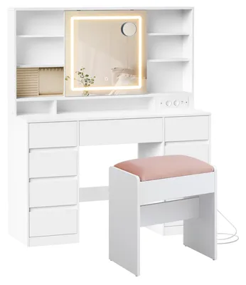 Image de VASAGLE Kailyn : Ensemble de table de maquillage avec miroir et éclairage LED, tabouret, et rangement