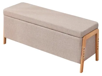 Produktbild von Sitzbank mit Stauraum, Polsterbank mit Leinenoptik, Bettbank mit Holzbeinen, Sitztruhe, Sicherheitsscharnier, Braun 120x40x46cm