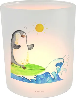 Produktbild von Mr. & Mrs. Panda glas kerzenhalter Pinguin Surfer - Transparent - Geschenk, Motiviert, Teelichthalter, Urlaub, Portugal, Hawaii, Tisch Windlicht, Optimistisch