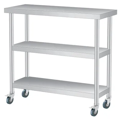 Image de Table de travail en acier inoxydable - Table de cuisine à 3 niveaux - Capacité de charge de 920 kg - 4 roulettes - 91 x 36 x 86 cm - Argent