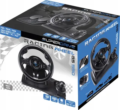 The image shows the retail packaging of a racing wheel and pedal set.
