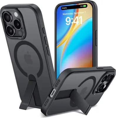 Three views of a black iPhone case with a kickstand and MagSafe compatibility, displayed on a white background.