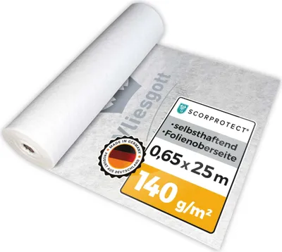 A roll of white protective fleece is shown unrolled on a white surface, with product information labels visible.