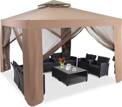 Produktbild von Gartenpavillon, 3x3M, Dachplane, Sonnenschutz Pavillon, Gartenzelt, Partyzelt, Festzelt mit Seitenwänden, Gartenzelt mit Mosiktonetz (Braun)