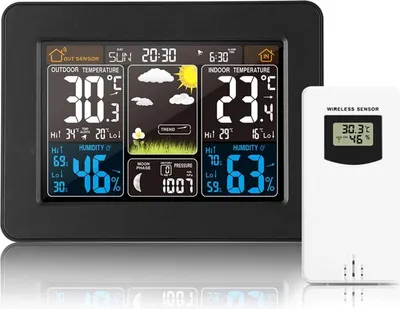 Produktbild von Wetterstation, kabelloses Innen-/Außenthermometer, Atomwecker mit Temperatur-/Luftfeuchtigkeitsalarm, Wettermonitor mit großem Farbdisplay, Kalender und einstellbarer Hintergrundbeleuchtung für Zuhause