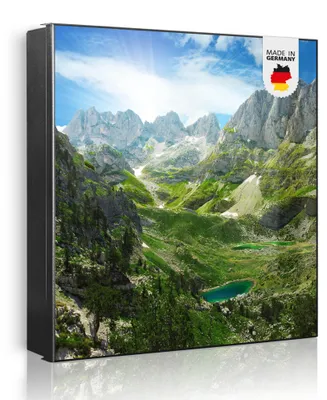 Produktbild von banjado Schlüsselkasten aus Metall, 30x30cm groß mit 32 Haken, als Magnettafel nutzbar, Korpus schwarz, Anschlag rechts, Bergsee Alpen [SKG1 12754]