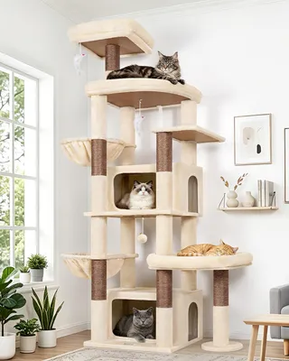 Zdjęcie produktu dla Kocí domek Katzenbaum w kolorze beżowym, rozmiar XXL, wysokość 192 cm, 2 duże kryjówki, słup obity sizalem, przeznaczony dla dużych kotów