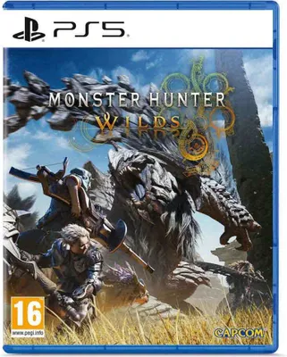 The image shows the front cover of a PlayStation 5 game case for Monster Hunter Wilds.