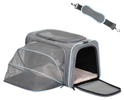 Productafbeelding van Opvouwbare transporttas voor katten en honden, grijs, uitbreidbaar, met schouderband, Oxford-stof, 48x30x30 cm