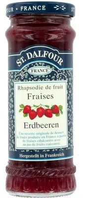 A jar of St. Dalfour strawberry jam.