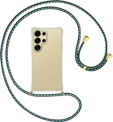 Produktbild von Handykette Backcover-Schutzhülle mit Band (Metall goldfarben) für Samsung S25 Ultra - grün/blau/weiß
