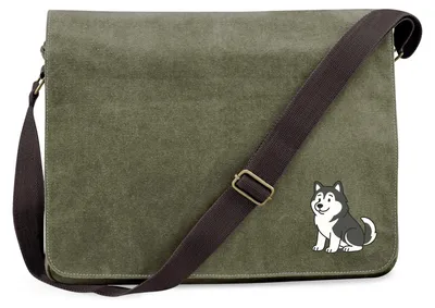 Produktbild von Huuraa Umhängetasche Alaskan Malamute Comic Mali 14 Liter Military Green Canvas Laptoptasche Geschenkidee