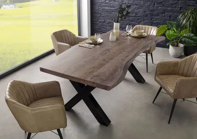 Image de MASSIVMOEBEL24 | Table à manger 200x100 en bois d'acacia gris taupe mat pieds en X anthracite brillant FREEFORM 5