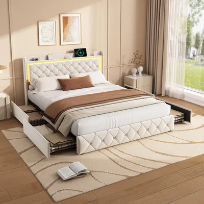 Produktbild von Fortuna Lai Polsterbett 140x190cm mit Kopfteil und 4 Schubladen, USB, LED Beleuchtung, Funktionsbett Samtstoff Doppelbett mit Lattenrost für Erwachsene & Jugen