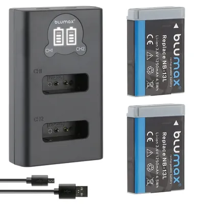 Produktbild von 2x Akku + LCD Lader für Canon NB-13L PowerShot G5X G7X G9X 1050 mAh (3,6V)