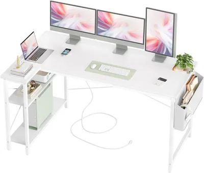 Immagine prodotto di Scrivania da gioco - Scrivania angolare - Arredamento per l'ufficio domestico - Prese integrate - 140 x 70 cm - Bianco