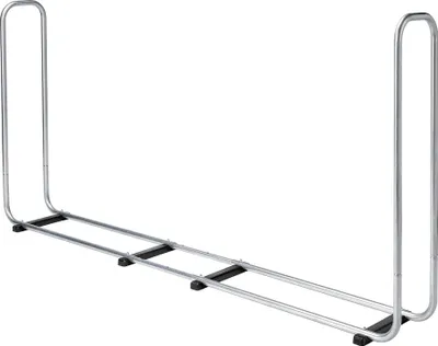 A metal firewood rack on a white background.