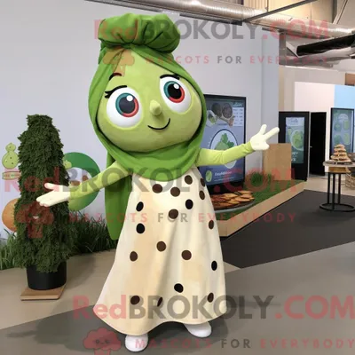 Produktbild von Maskottchenfigur REDBROKOLY einer Olivenpizza mit Wickelkleid und Haarnadeln