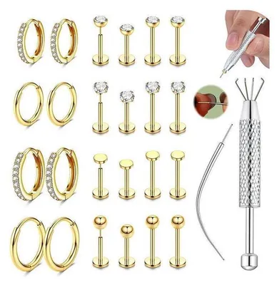 Produktbild von Ohrringe Chirurgenstahl 12 Paar Damen Creolen Ohrstecker Set für Mehrfachpiercing Gold 14 Karat