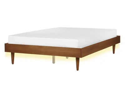 Produktbild von BELIANI Bett Braune Esche Gummibaumholz mit LED-Beleuchtung Lattenrost 140 x 200 cm Ohne Kopfteil Rustikaler Stil Schlafzimmer Ausstattung Doppelbett