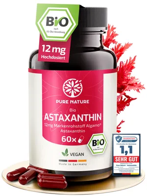 Produktbild von Pure Nature Astaxanthin hochdosiert 12mg - 60 vegane Kapseln EU-BIO & labor - Premium Rohstoff - mit -Olivenöl Astaxanthin