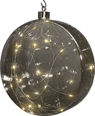 A close-up, studio shot of a decorative glass orb with LED lights inside, suspended by a hook.