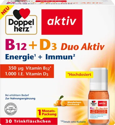 Produktbild von Doppelherz aktiv B12 + D3 Duo Energie + Immun Lösung, 30 St. Trinkfläschchen