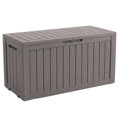 Produktbild von Floordirekt Gartenbox Holz-Optik wetterfeste Kissenbox 270L braun Auflagenbox für Terrasse Balkon & Garten