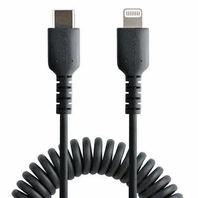 Produktbild von StarTech.com 50cm USB C auf Lightning Kabel, spiralkabel, MFi-, Schnellladekabel für iPhone/iPad , schwarz, langlebiger TPE-Mantel aus Aramidfaser, USB C 2.0 Kabel (RUSB2CLT50CMBC) - Lightning-Kabel - 24 pin USB-C männlich zu Lightning männlich