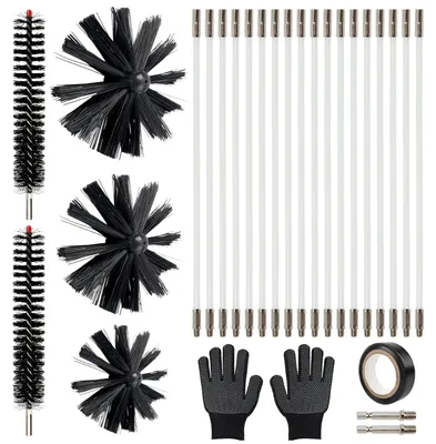 Schornsteinfeger-Bürstenset, 18 Stangen, 3 Bürsten, Handschuhe