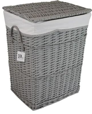 A grey wicker laundry basket with a white fabric liner and lid, shown against a white background.