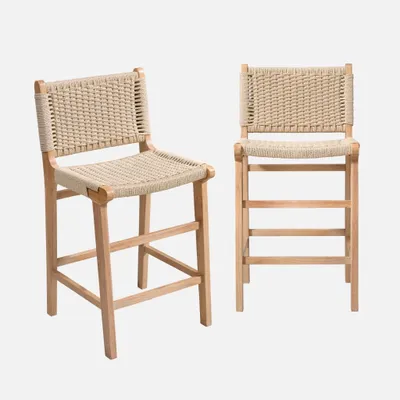 Two bar stools made of wood and rope are shown against a white background.