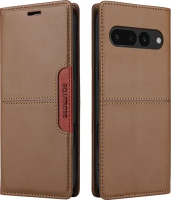 A brown leather flip wallet phone case for a Google Pixel 7 Pro is shown from two angles.