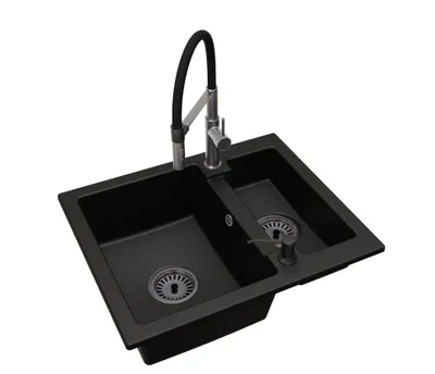 Produktbild von Granitspüle 1,5 Becken mit Küchenarmatur, Seifenspender und Siphon Schwarz