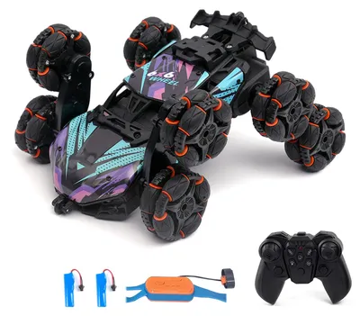 Zdjęcie produktu dla Zdalnie sterowany samochód driftowy, obrót o 360°, samochód kaskaderski z 8 kołami, światłami, muzyką, 2 bateriami, ładowalna zabawka elektryczna dla dzieci, chłopców i dziewczynek, fioletowy i niebieski
