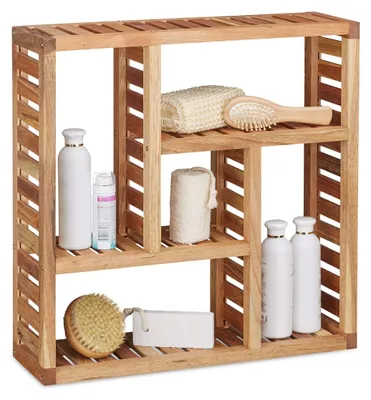 Image de Étagère murale en noyer à 5 compartiments, pour la salle de bains, le couloir et le salon, espace de rangement, H x L x P : 50 x 50 x 15 cm, finition naturelle
