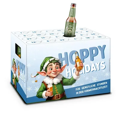 A beer advent calendar with a festive elf character and bottles of beer.