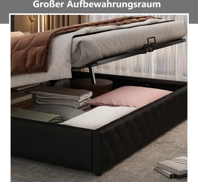 Produktbild von MODFU Polsterbett 180 x 200 cm,,Doppelbett,Jugendbett mit Lattenrost und Stauraum, Stauraumbett mit LED-Beleuchtung,Mit Matratze,schwarz