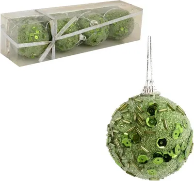 Productafbeelding van Set van 4 groene piepschuimballen met glitter, 6 cm - Kerstdecoratie