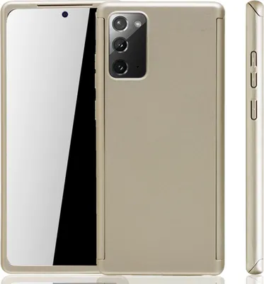 A three-view image of a gold smartphone case.