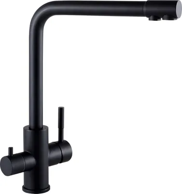 A black kitchen faucet is shown against a white background.