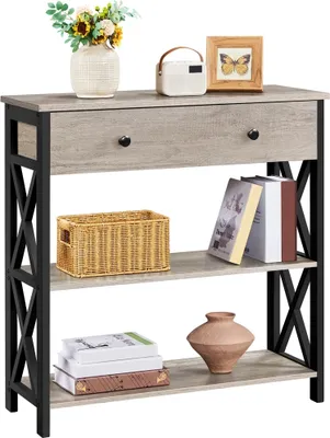 Produktbild von Yaheetech Konsolentisch Flurtisch Schmaler Eingangtisch mit 1 Schublade und 2 Offene Ablagen Industrial Beistelltisch Vintage Sofatisch Sideboard Grau